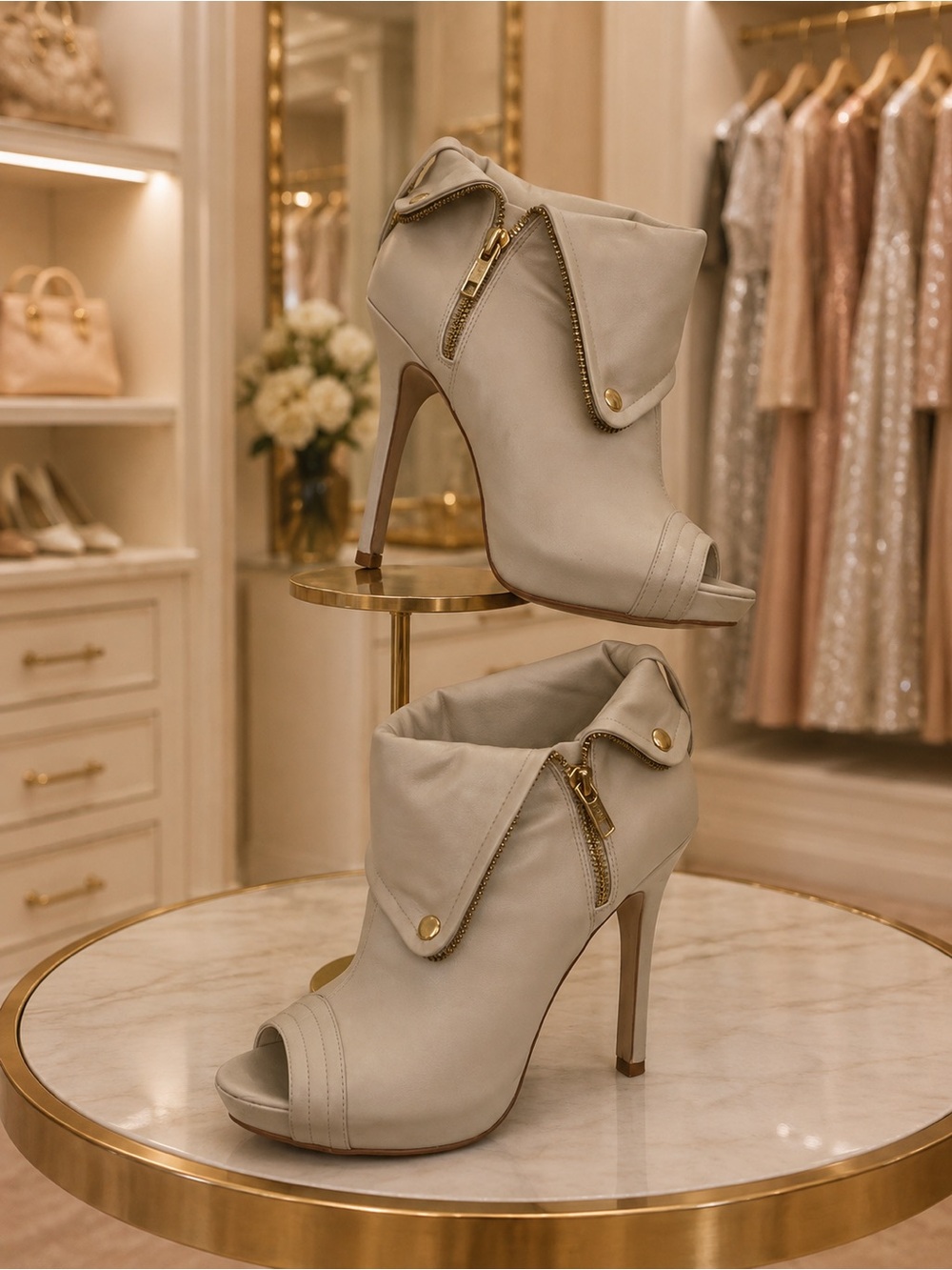 ALDO Peep Toe Ankle Booties Heels Ivory Gold Zip Women US 7.5 EU 38